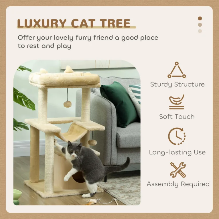 Cat Tower with Den, Hammock and Top Bed – Beige, 90cm Cat Tower with Den, Hammock and Top Bed – Beige, 90cm