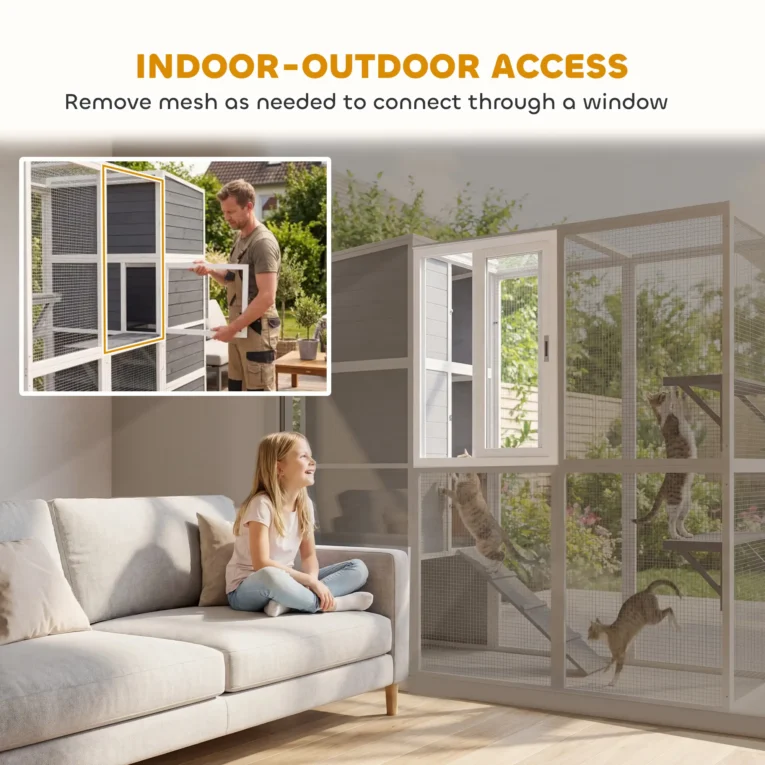 Wooden Outdoor Catio with Sheltered Rooms – Grey, 191cm Wooden Outdoor Catio with Sheltered Rooms – Grey, 191cm