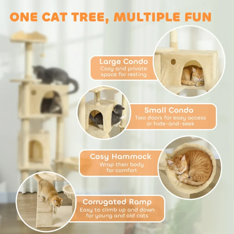 Tall Cat Tower with Two Dens and Hammock – Beige, 180cm