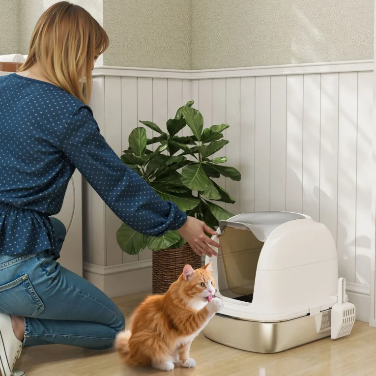 Enclosed Steel Cat Litter Box with Flip Lid – White, 52cm