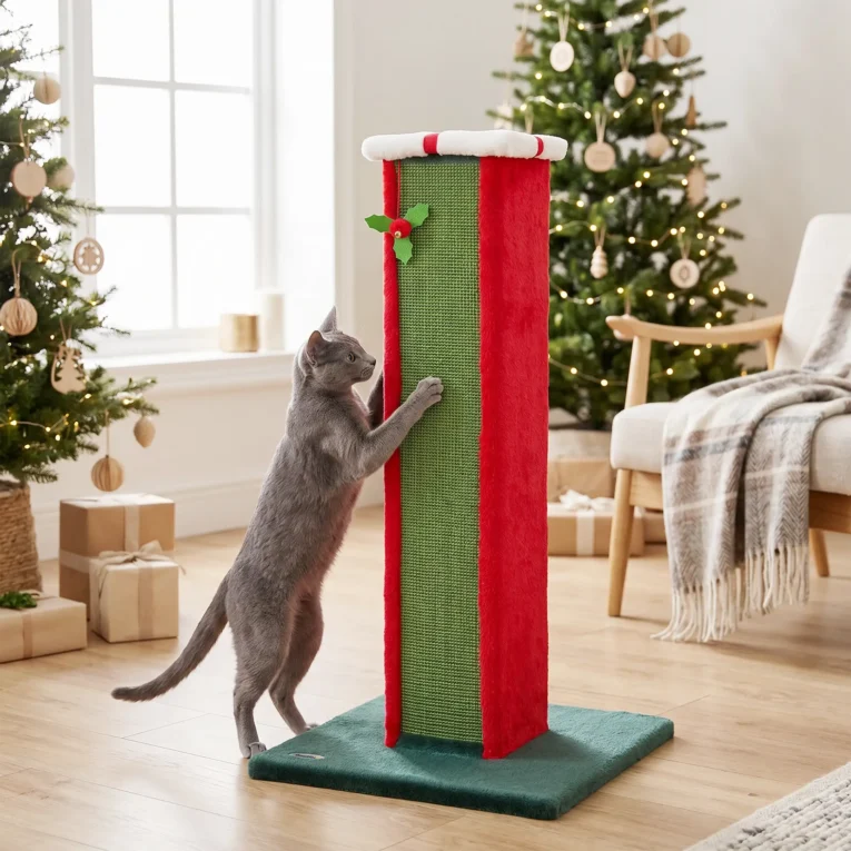 Tall Sisal Cat Scratching Post with Bell Toy – Green and Red, 81cm