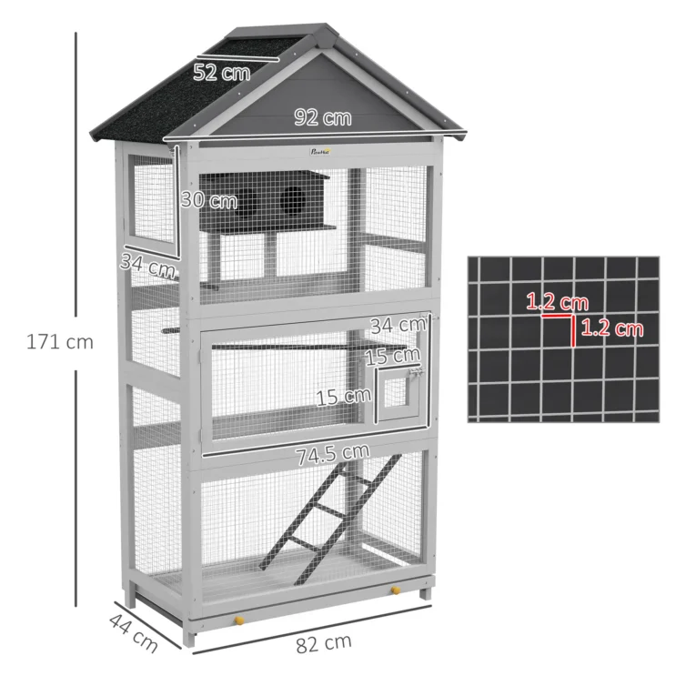Wooden Bird Enclosure with Perches and Shelter – Grey, 171cm Wooden Bird Enclosure with Perches and Shelter – Grey, 171cm
