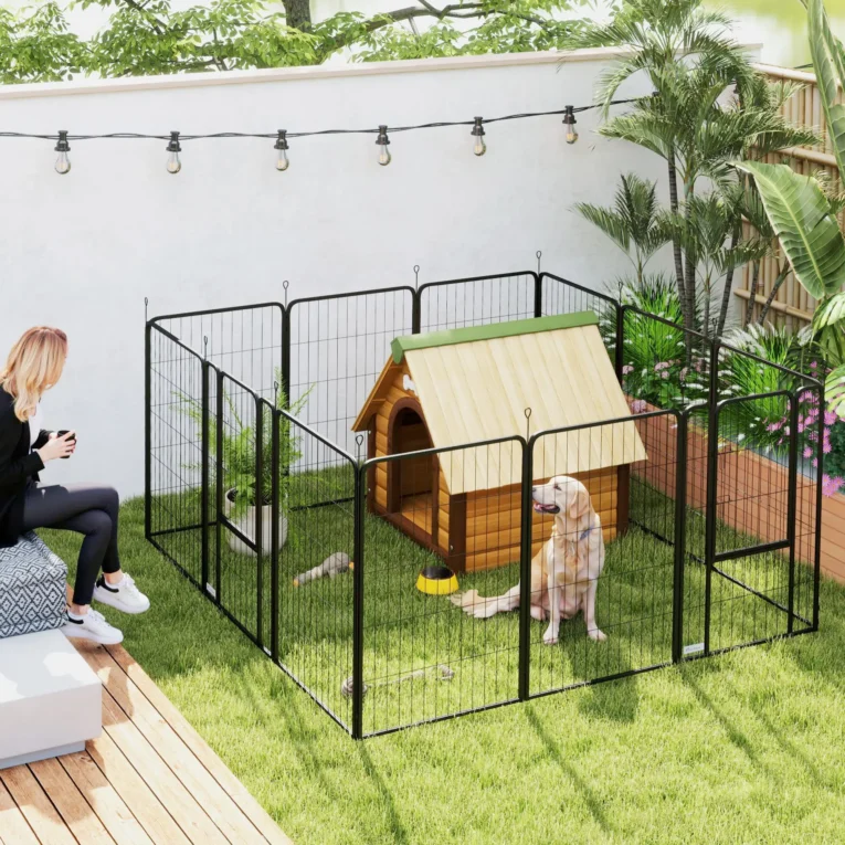 Twelve-Panel Steel Dog Playpen with Two Gates – Black, 100cm High