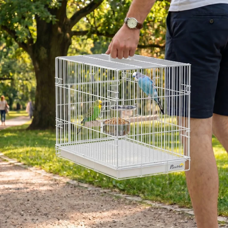 Folding Bird Travel Cage with Perch and Bowls – White, 49cm
