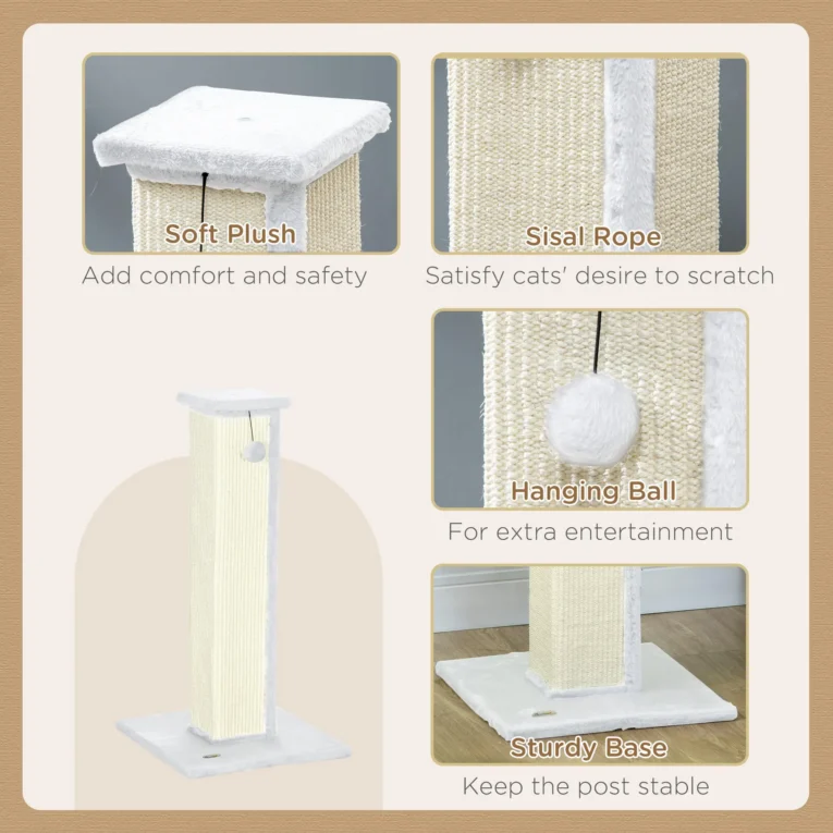 81cm Tall Sisal Cat Scratching Post with Hanging Ball – White