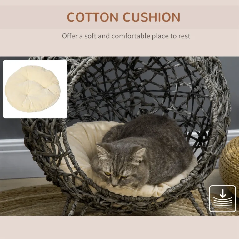 Raised Rattan-Style Cat Pod with Cushion – Silver and Grey