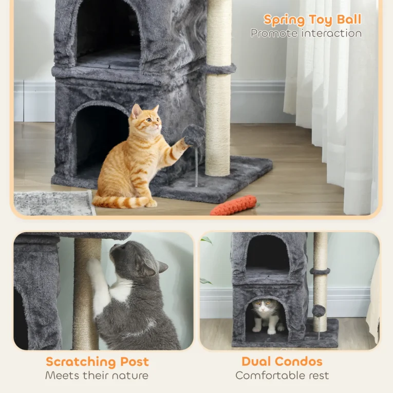Compact Cat Tower with Two Dens and Wide Top Bed – Dark Grey, 66cm Compact Cat Tower with Two Dens and Wide Top Bed – Dark Grey, 66cm