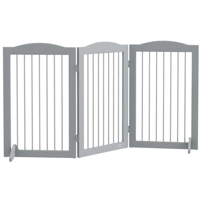 Three-Panel Freestanding Dog Gate with Feet – Grey, 80cm High Three-Panel Freestanding Dog Gate with Feet – Grey, 80cm High