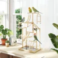 Wooden Bird Play Stand with Ladders and Bowls – Natural, 95cm