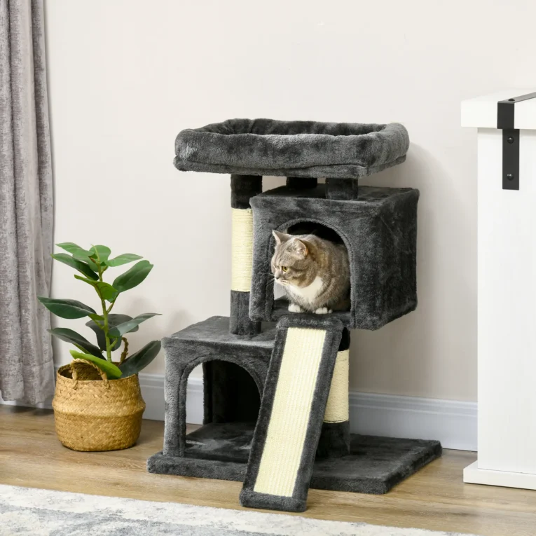 81cm Cat Tree with Twin Houses and Sisal Scratching Posts – Black