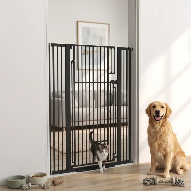 135cm Tall Steel Dog Gate with Cat Door and Extensions – Black