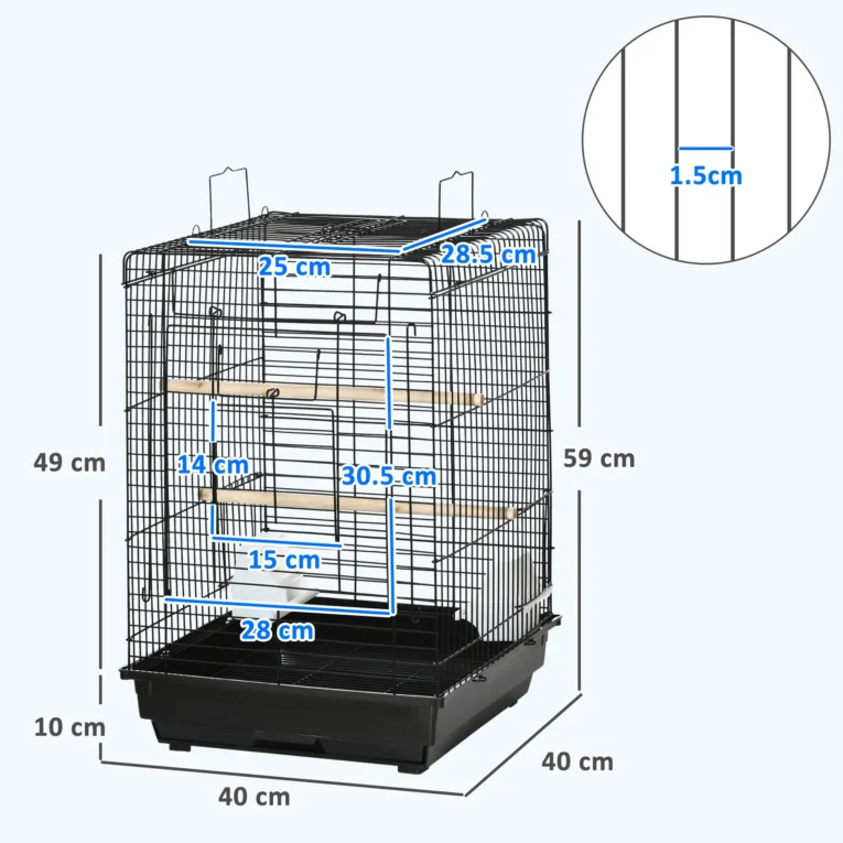 Open-Top Bird Cage with Feeding Bowls – Black