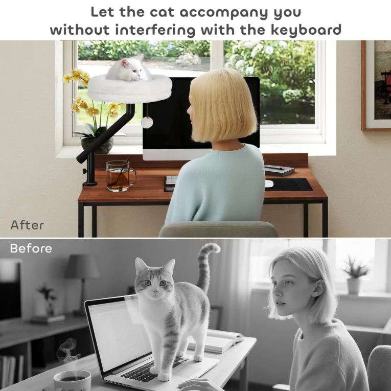 Clamp-On Rotating Cat Desk Bed with Washable Cushion – Cream White
