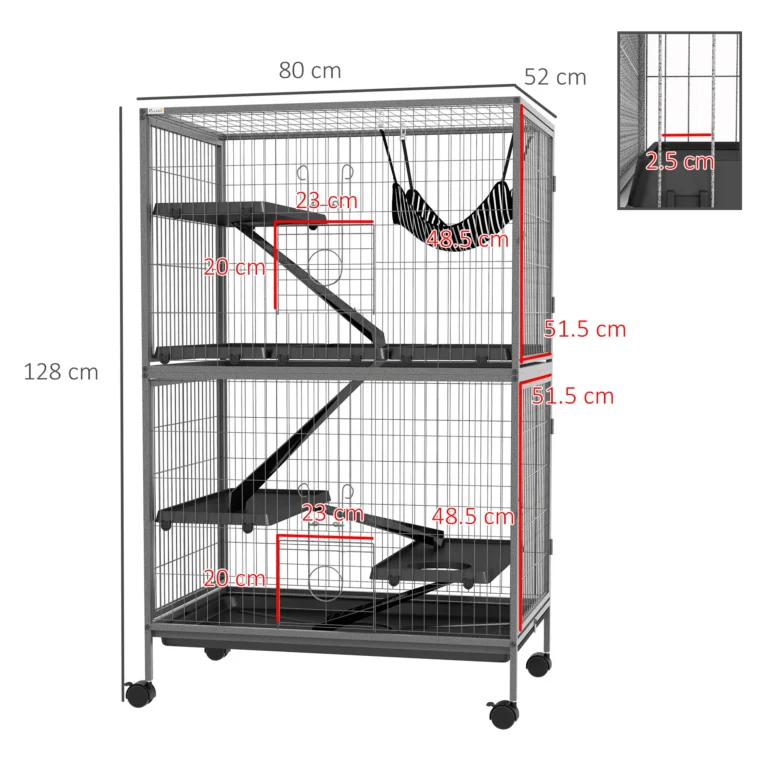 Multi-Level Small Animal Cage with Hammock and Wheels – Grey