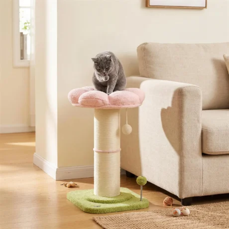 Flower Cat Scratching Post with Padded Perch – Pink, 59cm
