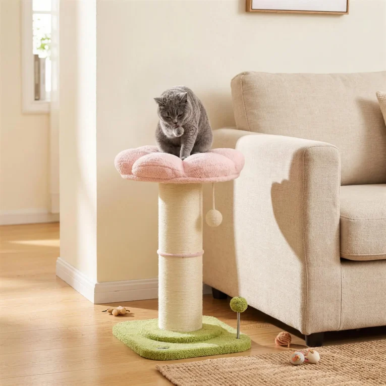 Flower Cat Scratching Post with Padded Perch – Pink, 59cm