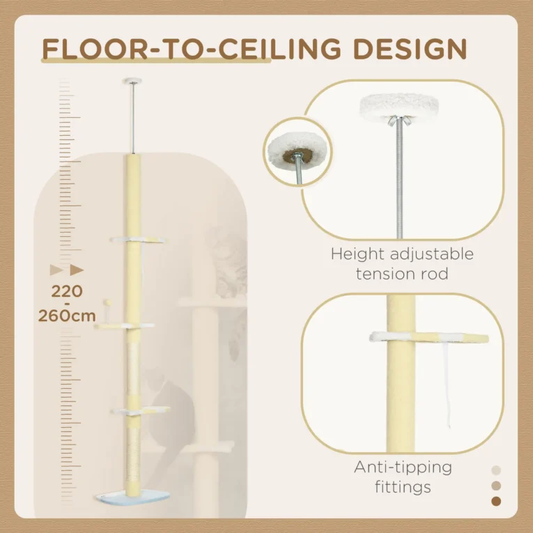 Adjustable Ceiling Cat Tree with Sisal Posts – Yellow, 220–260cm