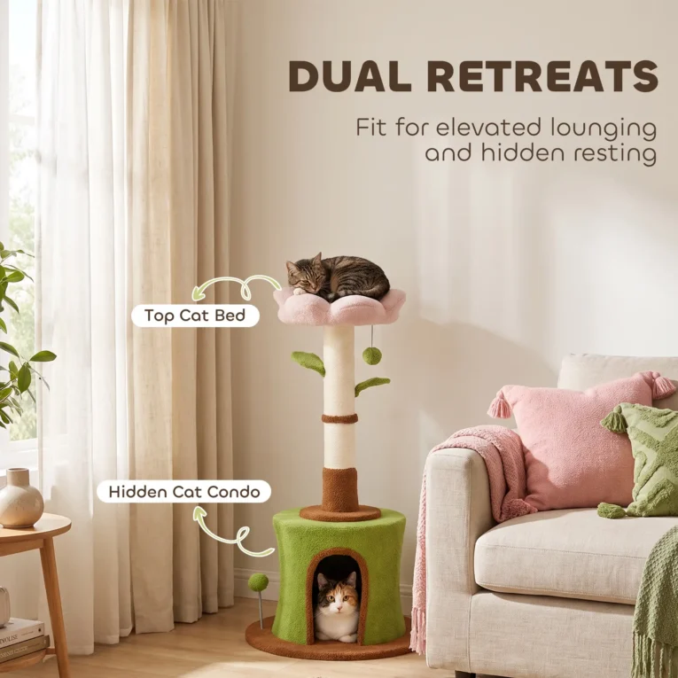 88cm Flower Cat Tree with Condo and Plush Bed – Green and Pink