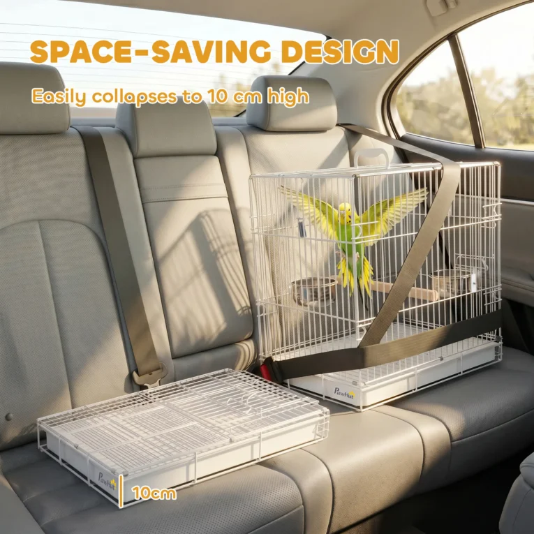 Folding Bird Travel Cage with Perch and Bowls – White, 49cm