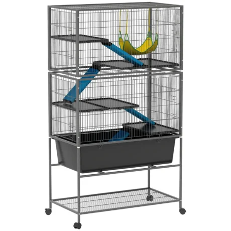 Tall Small-Animal Cage with Platforms and Hammock – Dark Grey