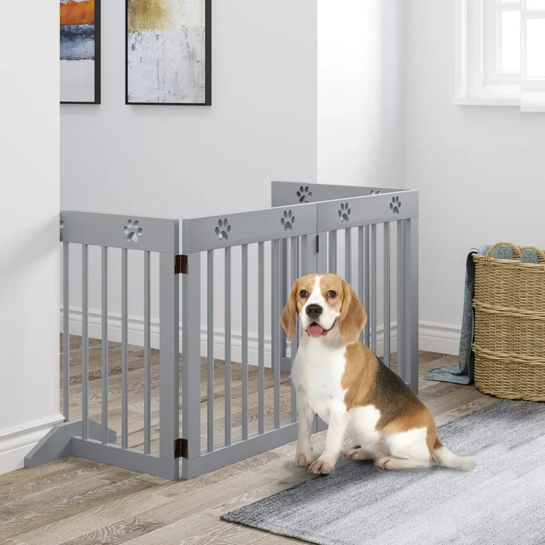 Four-Panel Freestanding Wooden Dog Gate – Light Grey, 204cm