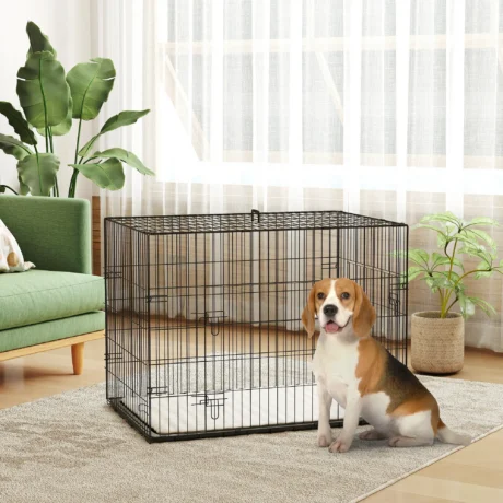 Folding Two-Door Dog Crate with Cushion – Black, 90cm
