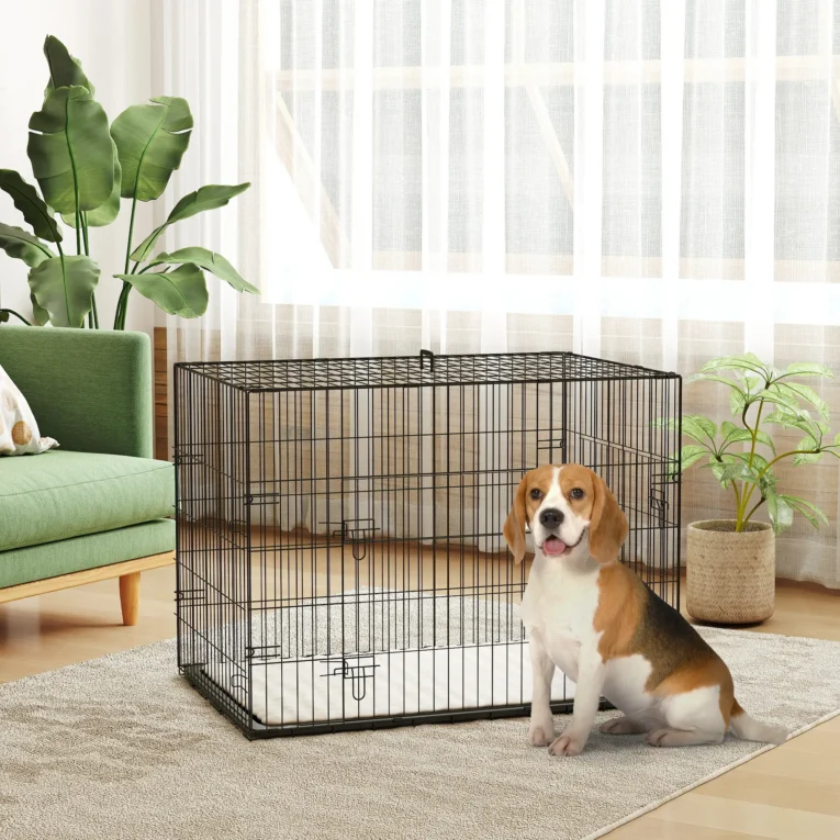 Folding Two-Door Dog Crate with Cushion – Black, 90cm