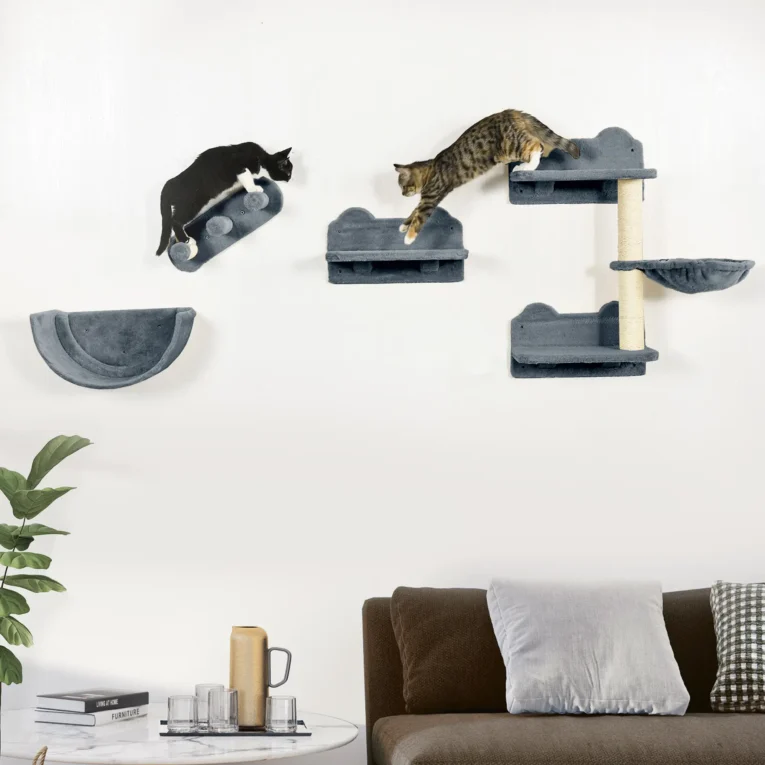 4PC Wall-Mounted Cat Shelves with Hammock – Grey and cream 4PC Wall-Mounted Cat Shelves with Hammock – Grey and cream