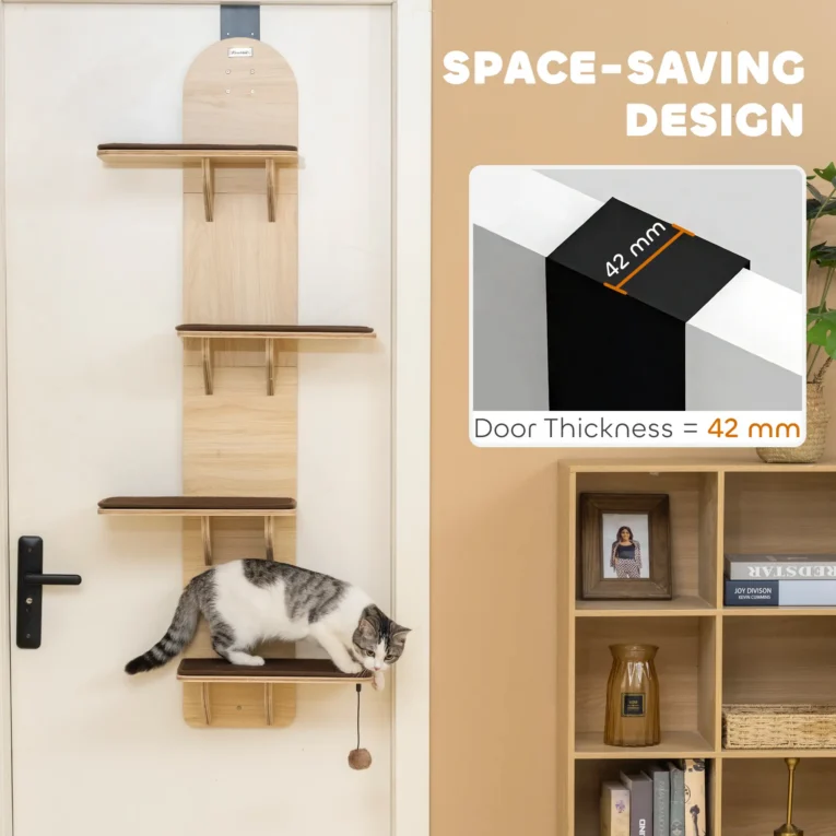 Four-Level Over-Door Cat Shelf with Washable Pads – Oak Tone Four-Level Over-Door Cat Shelf with Washable Pads – Oak Tone