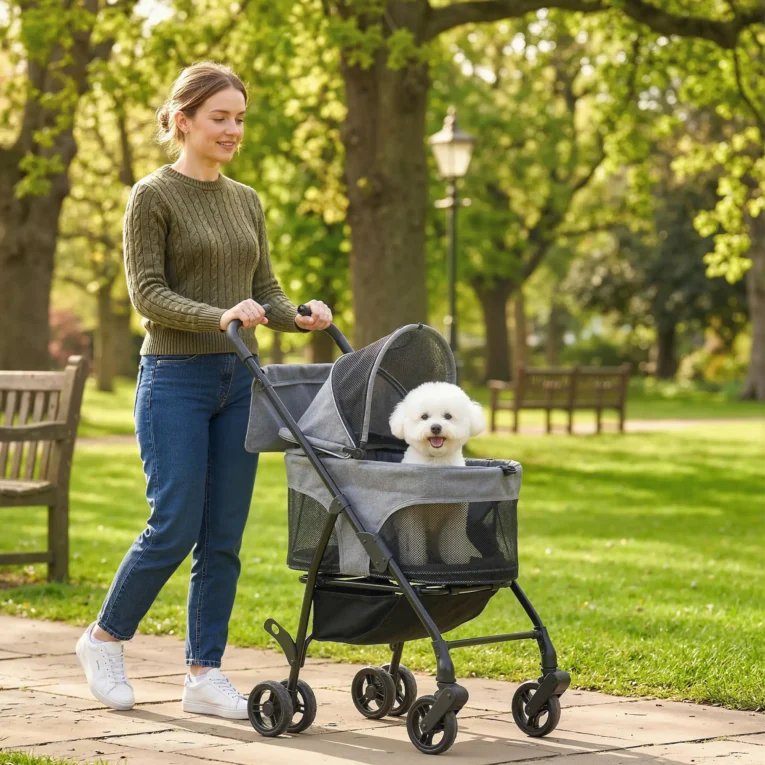 Folding Pet Stroller with Lift-Off Carrier – Grey, 10kg Capacity
