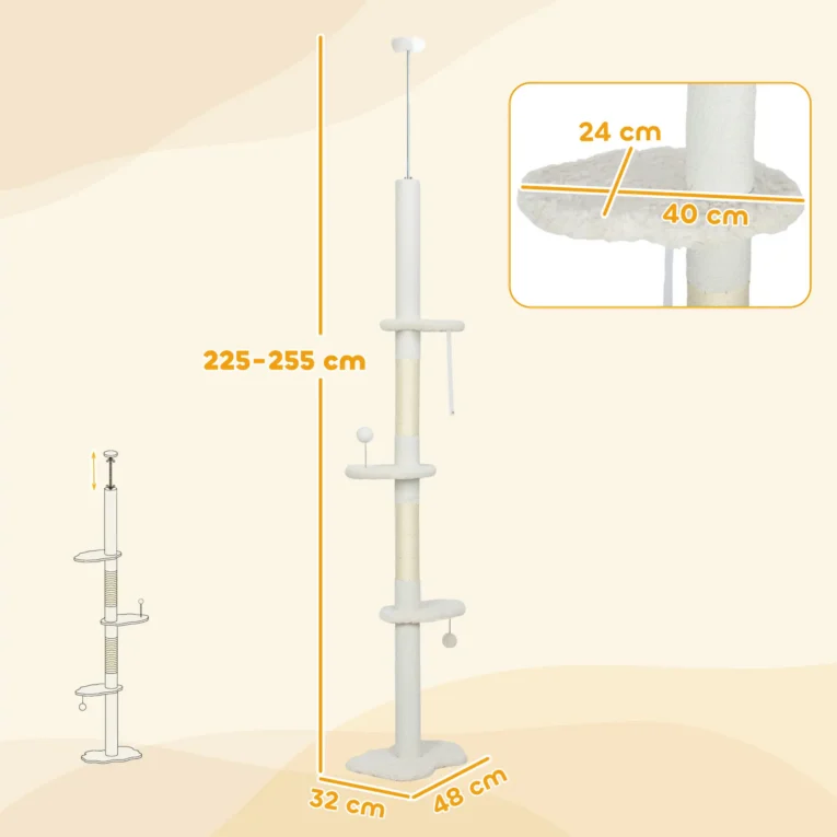 Cloud-Perch Floor-to-Ceiling Cat Tree – Beige, 225–255cm