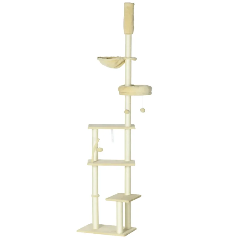 Floor-to-Ceiling Cat Climbing Tower with Hammock – Beige, 230–250cm
