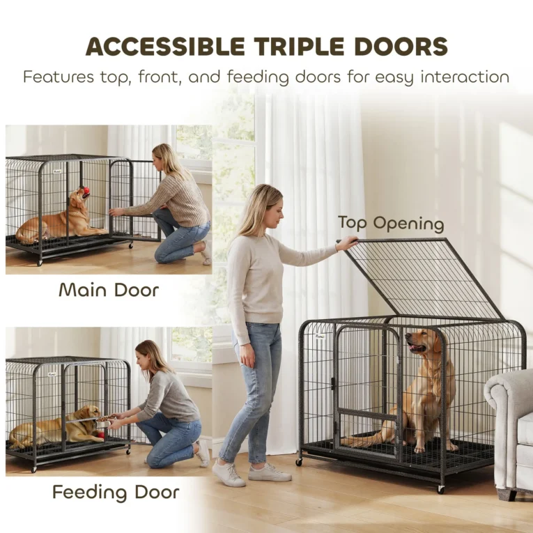Large Wheeled Steel Dog Crate with Opening Top – Black, 109cm Large Wheeled Steel Dog Crate with Opening Top – Black, 109cm