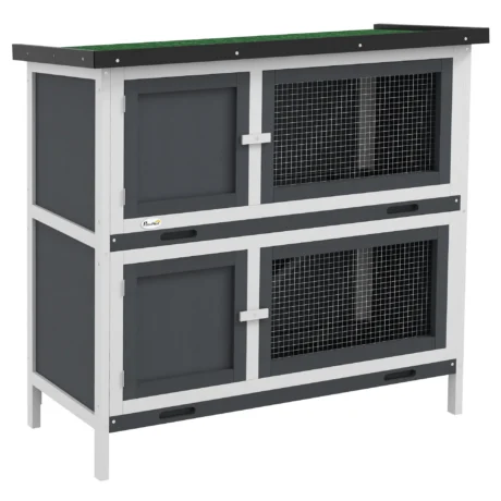 Two-Level Rabbit Hutch with Raised Sleeping Area – Grey, 97 × 44 × 91cm