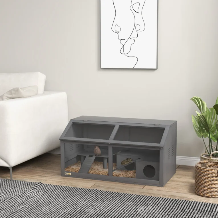 Wooden Hamster Cage with Bridge and Openable Top 85x45x44cm – Grey