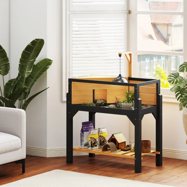 Wooden Tortoise House with Shelf and Lamp Holder – Yellow, Black