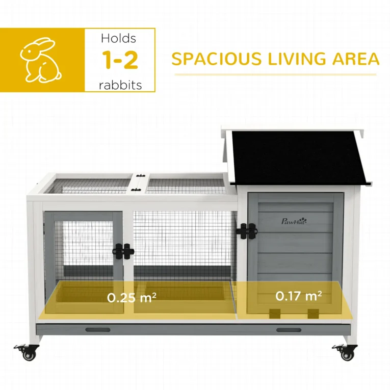 Wooden Rabbit Hutch with Tray and Wheels – Grey, 108cm
