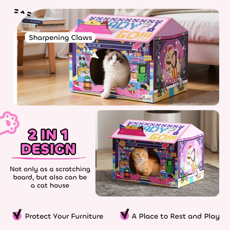 Gaming-Style Cardboard Cat Hideaway with Scratching Base – Pink Gaming-Style Cardboard Cat Hideaway with Scratching Base – Pink