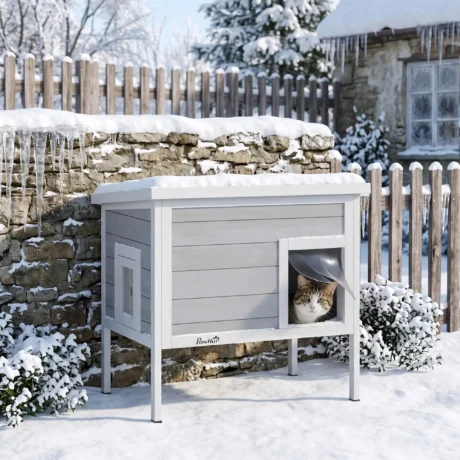 Insulated Wooden Cat Shelter with Escape Door &ndash; Grey, 68cm &ndash; detail 2