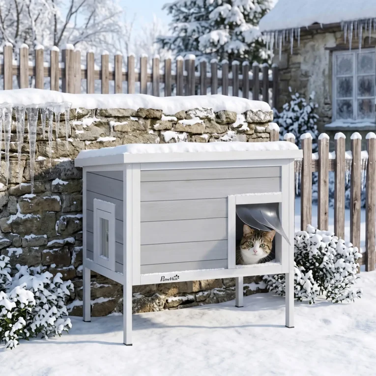Insulated Wooden Cat Shelter with Escape Door – Grey, 68cm