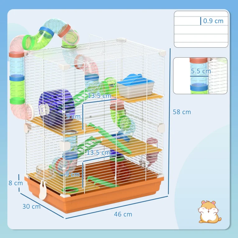 5-Tier Hamster Cage with Wheels and Tunnel – Orange and White