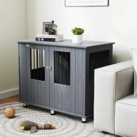 Dog Crate Side Table with Double Doors – Grey, 95cm