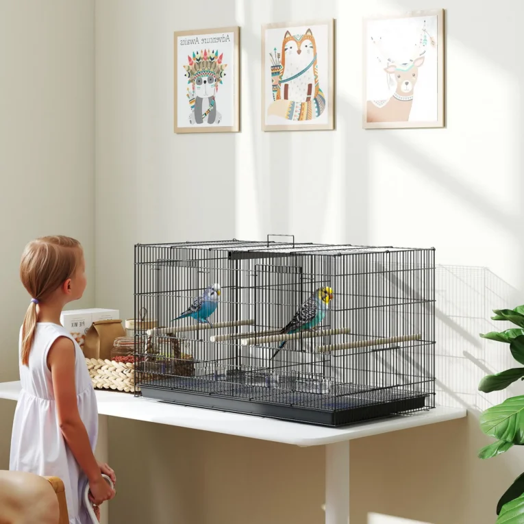 Divided Bird Cage with Four Perches and Feeders – Black, 76cm Divided Bird Cage with Four Perches and Feeders – Black, 76cm