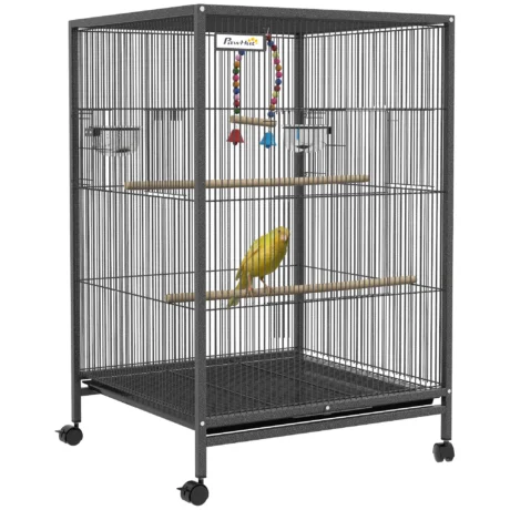 Compact Bird Cage with Wheels, Perches and Swing – Grey