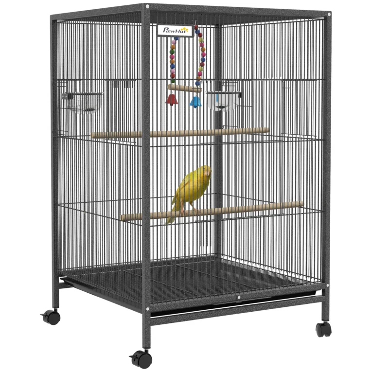 Compact Bird Cage with Wheels, Perches and Swing – Grey