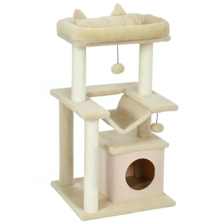 Cat Tower with Den, Hammock and Top Bed – Beige, 90cm Cat Tower with Den, Hammock and Top Bed – Beige, 90cm