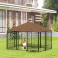 Outdoor Dog Enclosure with Canopy and Rotating Bowls – Brown, 211cm