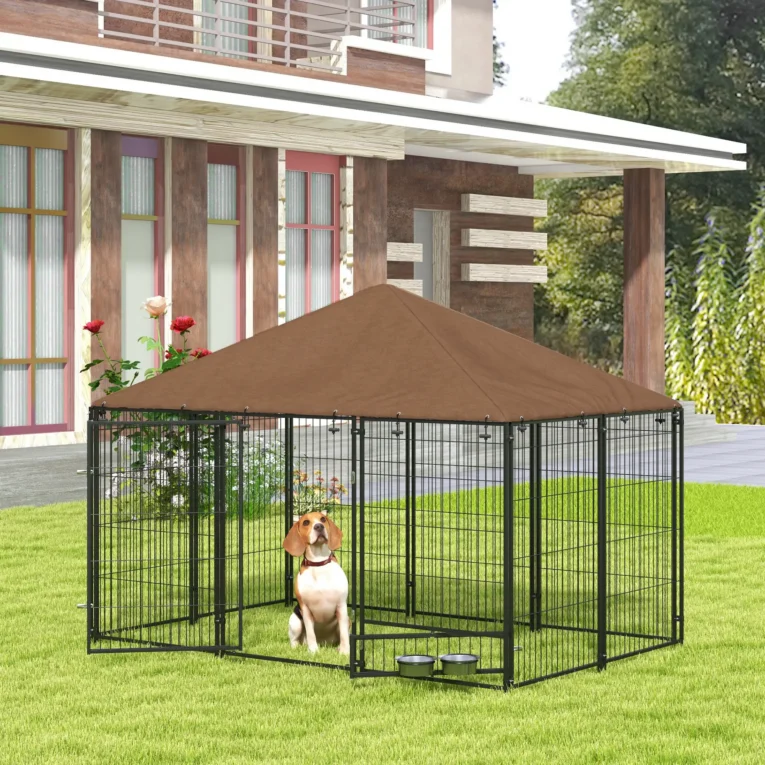 Outdoor Dog Enclosure with Canopy and Rotating Bowls – Brown, 211cm