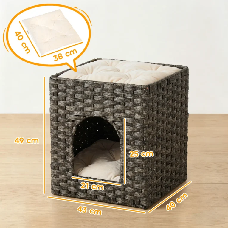 2-Tier Rattan Cat House Indoor Bed Washable Cushions – Grey, Beige