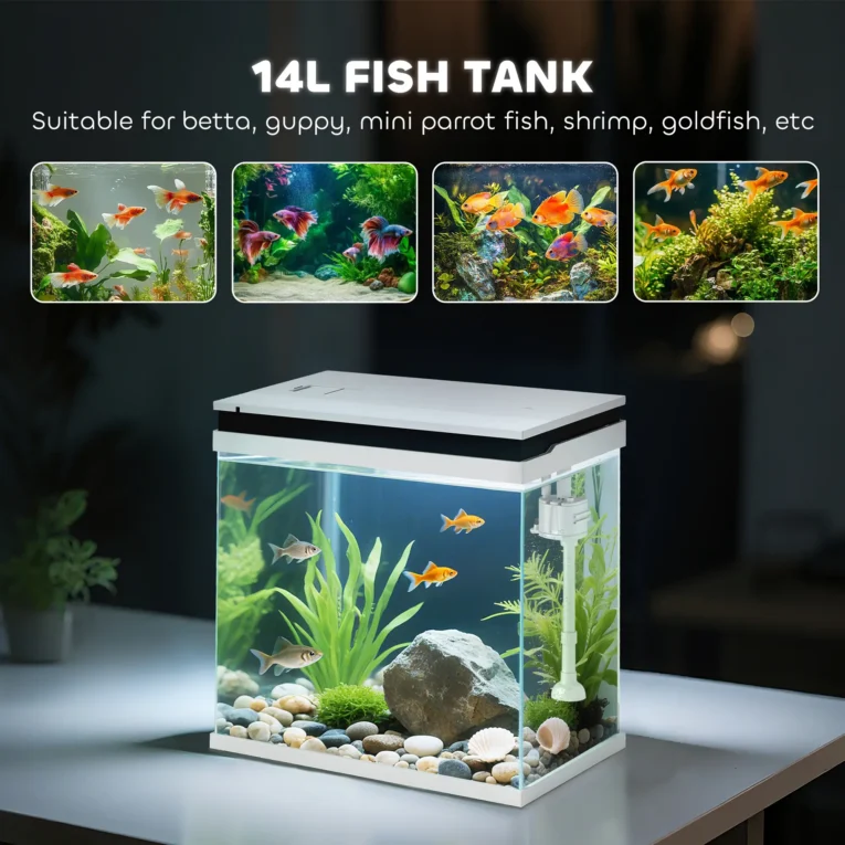 Compact Glass Aquarium with Pump and LED Lighting – White, 14L